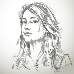 Vector art drawing, portrait of gorgeous dreamy girl isolated on