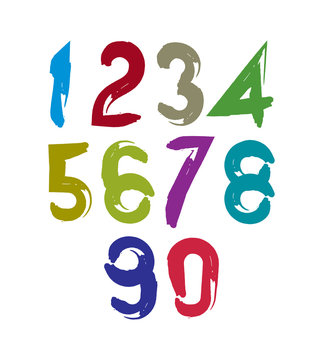 Colorful doodle brush numbers, hand-painted bright vector numera