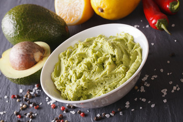 Traditional guacamole sauce with ingredients close-up. Horizontal
