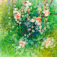 Fototapeta premium Watercolor painting apple blossom flowers and soft green leaves. Yellow-green color texture on grunge paper background. Vintage painting flowers style in soft color and blur background for your design