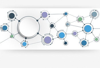 Vector Abstract molecules with 3D paper on light gray background. Communication-social media technology concept. 3D paper circle label with space for your content, business, network and web design
