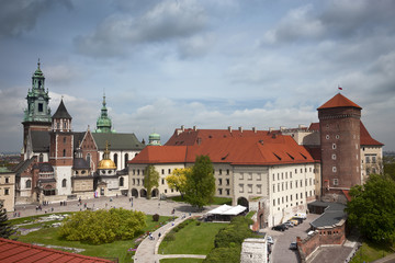 Krakow Wawel castle towers roof view with yard, Poland, Europe