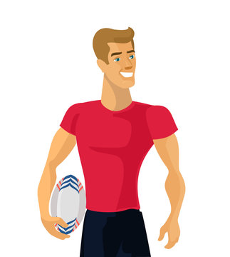 Rugby player holding a rugby ball. Vector flat illustration