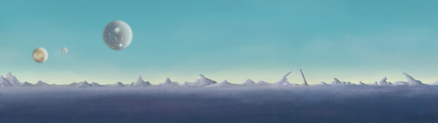 Fototapeta na wymiar Astronomy, planets. Desert on the blue planet. Digital background raster illustration.