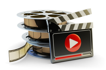 Media player and video clips production concept, stack of film reels and clapper board with play button isolated on white background