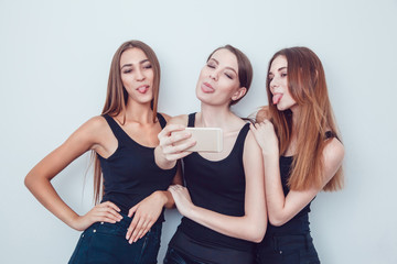 Beautiful Young Girls Taking a Selfie Photo with Phone