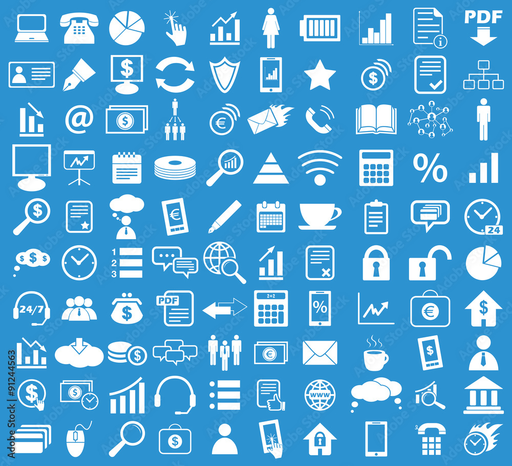 Poster office icon set, blue