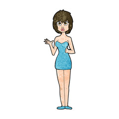 cartoon confused woman in cocktail dress