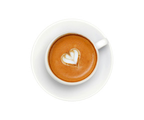 Latte coffee with heart symbol isolated on white background