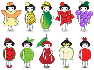 Fashion and Fruits character illustration set