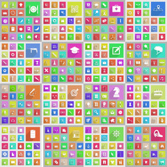 Set of icons of white color with long shadows on bright backgrounds. Flat style.