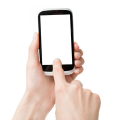 Hands holding smart phones isolated