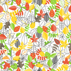 Fototapeta premium Different leaf collection seamless background. Simple line desig