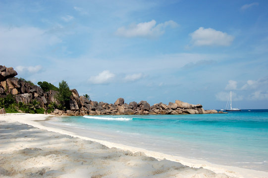 Beautiful beach on tropical island La Digue in Seychelles
