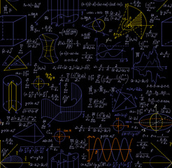 Mathematical vector seamless pattern with figures, formulas, plots, geometry tasks and other calculations, 