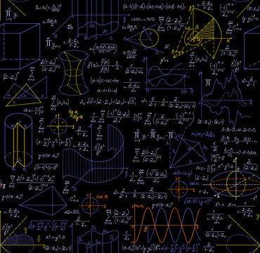 Mathematical vector seamless pattern with figures, formulas, plots, geometry tasks and other calculations, "handwritten on the copybook paper", different colors