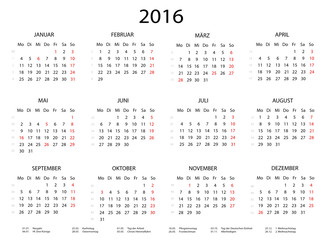 Jahreskalender 2016 quer mit Feiertagen