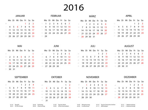 Jahreskalender 2016 quer mit Feiertagen