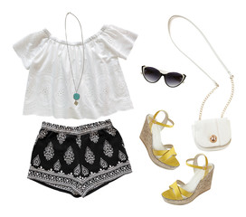 Collage of summer clothes isolated on white
