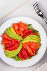 Smoked Salmon, Avocado and Grapefruit Salad. View from above, Studio Shot