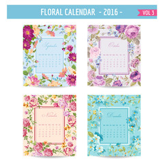 Floral Calendar - 2016 - with Vintage Flowers - in vector : volume 3