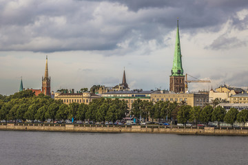 Fototapeta premium Skyline of Riga seen across the river Daugava