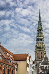 Obraz premium Saint Peters Church is a tall Lutheran church in Riga, Latvia