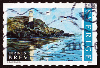 Postage stamp Sweden 2002 Lighthouse and Gull