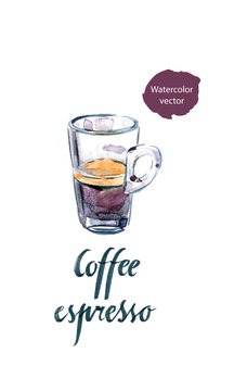 Watercolor glass of coffee espresso, hand drawn - vector Illustration
