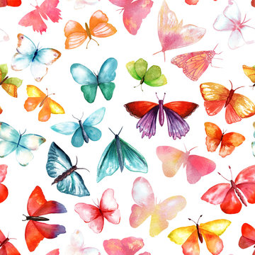 Seamless pattern with many watercolouur butterflies of various colours and shapes