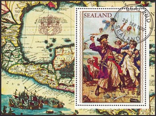 postage stamp Sealand 1970, Edward Teach Blackbeard,pirate attack