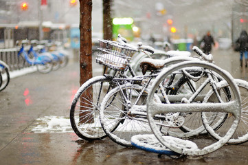 Obraz premium Snow covered bicycles in New York