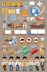 Freight transportation and delivery logistics flat set. Transport delivery services. Vector illustration