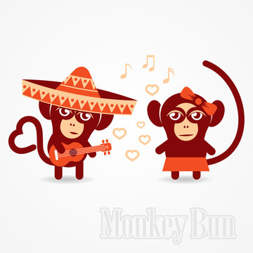 Monkey declaration of love songs using guitar / vector illustration of two monkeys - male and female, the male in a sombrero playing guitar love song for females