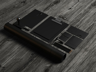 Set of black mockup elements on the wood. 3d render