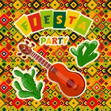 Mexican Fiesta Party poster with mexican guitar and cactuses. Flyer or greeting card template with geometric background. Vector illustration