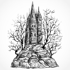 Medieval castle with trees on a rock. Hand drawn landscape in sketch style. Vector illustration