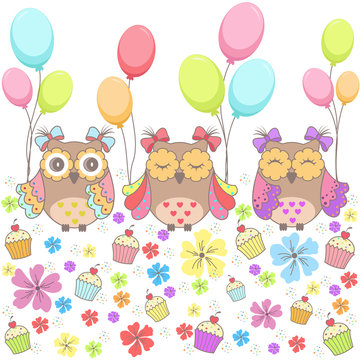 Beautiful pattern card with owls, flowers, cakes and balloons on a white background