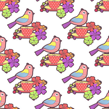 Seamless pattern with birds, cup and flowers on a white background