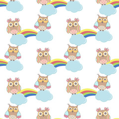 Seamless pattern with clouds, rainbow owls on a white background