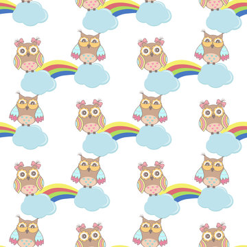 Seamless pattern with clouds, rainbow owls on a white background