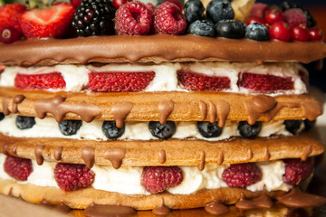 Chocolate topped sponge layer cake with berries