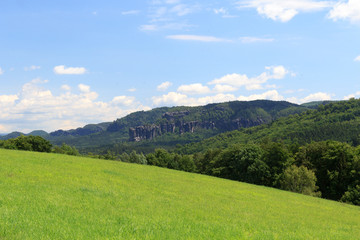 Fototapeta na wymiar Group of rocks Affensteine with meadow and blue sky in Saxon Switzerland
