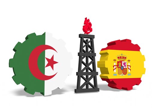 algeria and spain flags on gears, gas rig between them