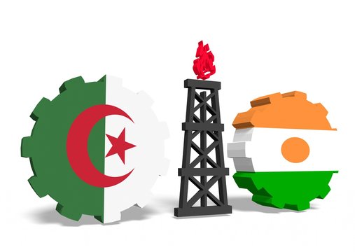 algeria and niger flags on gears, gas rig between them