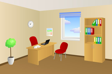 Office room beige table chair cabinet window illustration vector