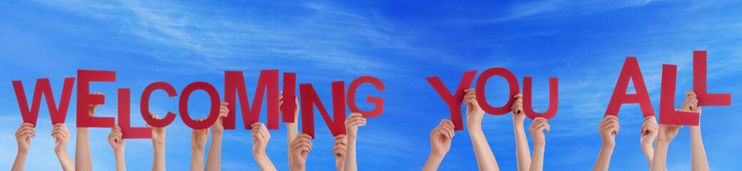 Many People Hands Holding Word Welcoming You All, Blue Sky
