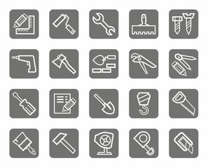 Icons, workers and construction tools, the gray background. 