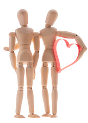 two wooden figure dummy mannequin, give romantic gift a big red heart, made of paper tape in the shape of heart isolated on a white background - pictures concept theme Love and St. Valentine's Day
