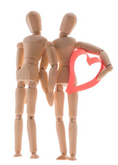 two wooden figure dummy mannequin, give romantic gift a big red heart, made of paper tape in the shape of heart isolated on a white background - pictures concept theme Love and St. Valentine's Day